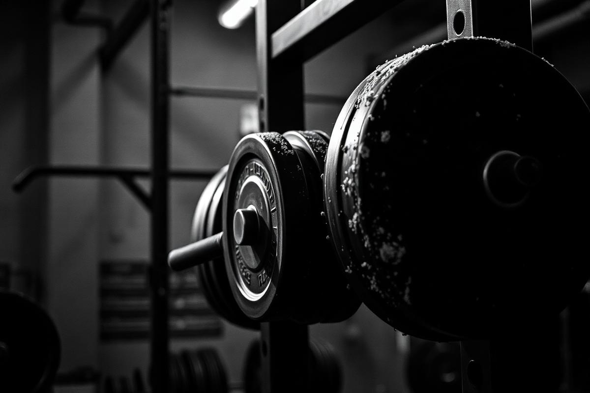 Loaded barbell resting on a power rack in a dim industrial gym